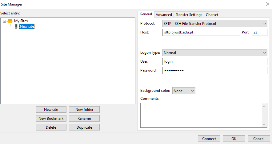 Konfiguracja połączenia w programie FileZilla