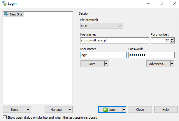 Konfiguracja połączenia w programie WinSCP