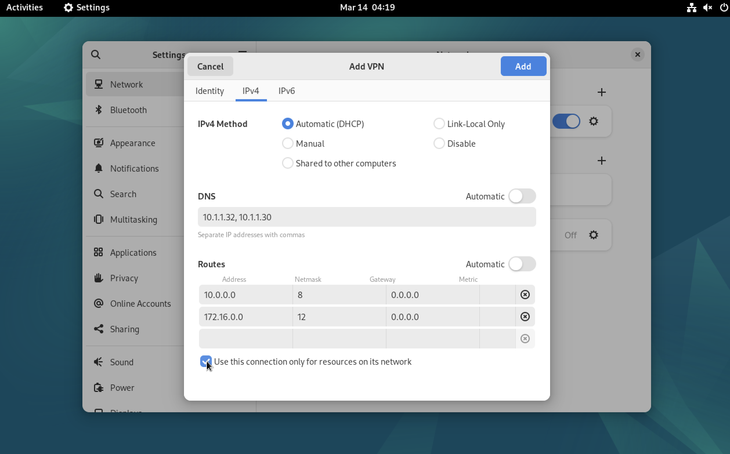 VPN IPv4 Settings